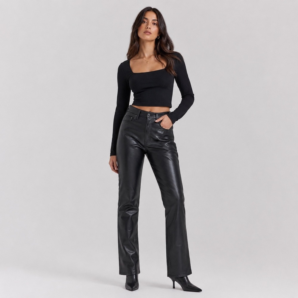 Mother High Waisted Rider Ankle Vegan Leather Pants Black Wax On Wax Off Size 25
